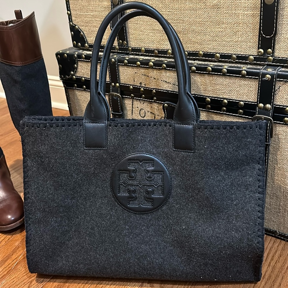 Rare Grey flannel Tory Burch tote, matching boots available